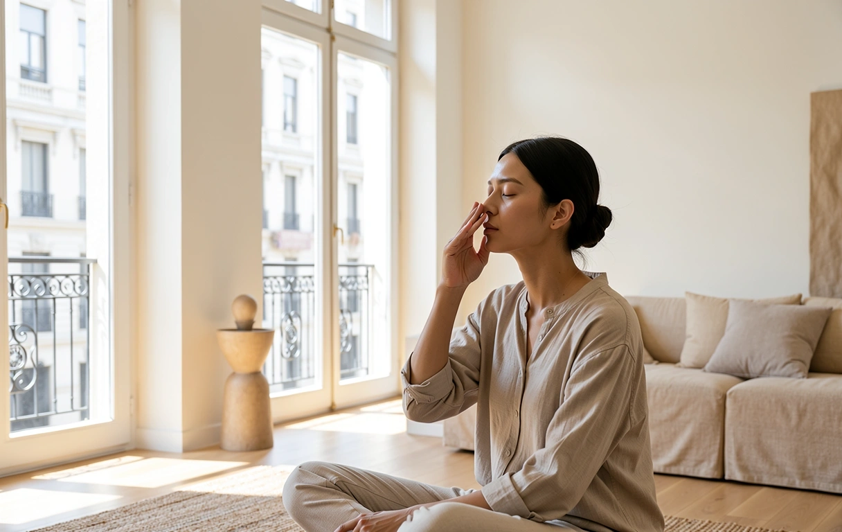 Conscious breathing practice in a quiet interior